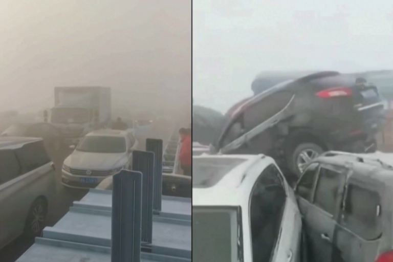 A fatal 200-car pileup on a foggy Chinese bridge captured on video